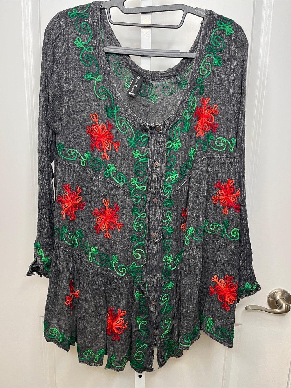 Sacred Threads Charcoal Tunic with Red & Green Embroidery S/M Oversized